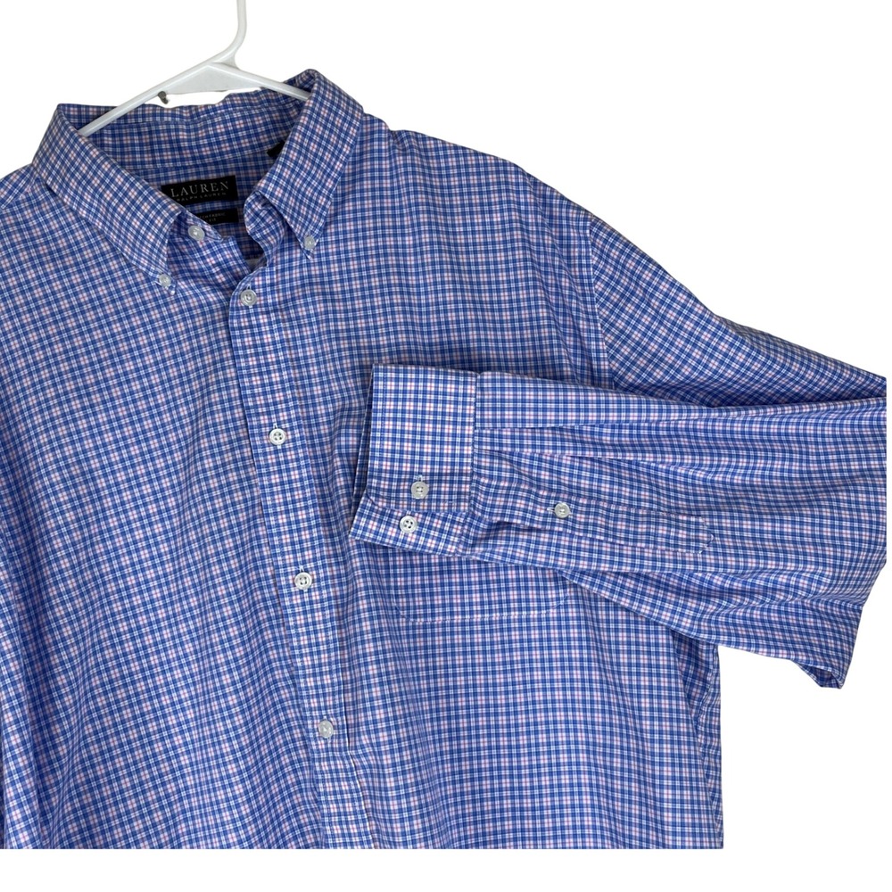 Lauren Ralph Lauren Shirt Mens 18 36/37 Blue Pink Plaid Stretch Tall Fit Button